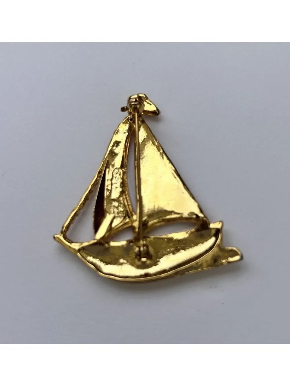 Vintage Sailboat Brooch Pin Nautical Enamel Red White Striped Goldtone Preppy